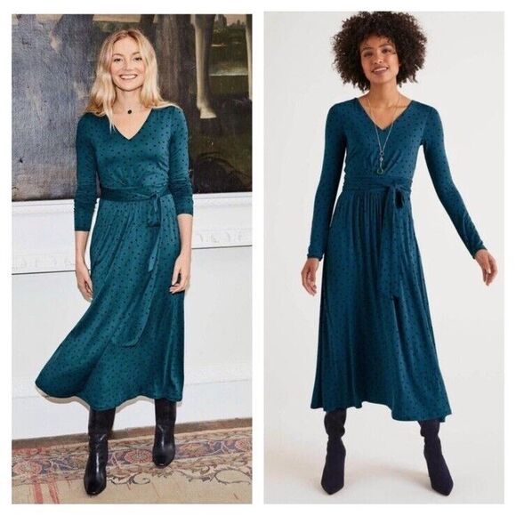 Boden Dresses & Skirts - Boden Ferne Jersey Tie Front Long Sleeve V-Neck Midi Dress in Black Leaf Size 10